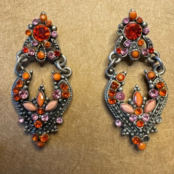 Elegant Silver and Orange Dangle Earrings - Picture 3 of 5